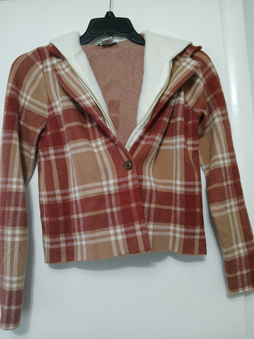 Rachel Zoe Plaid Hooded Blazer in Rust & Tan with Cream Sherpa